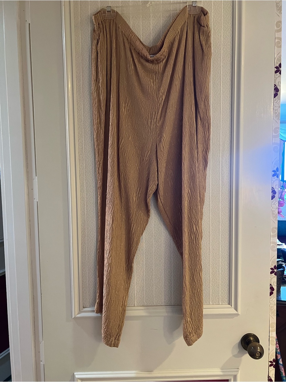 Textured Wide-Leg Harem Pants in Tan silk
